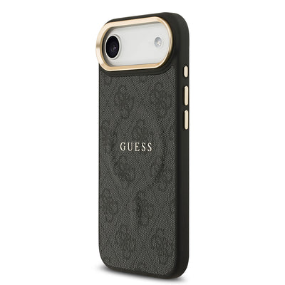 Apple iPhone 17 Air Kılıf Guess Orjinal Lisanslı M-safe Şarj Özellikli Gold Metal Kamera Çerçeveli PU Deri 4G Desenli Yazı Logolu Kapak Kahverengi