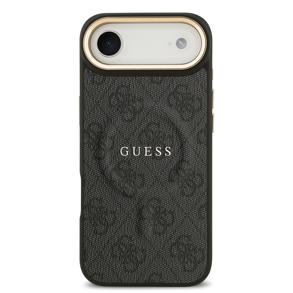 Apple iPhone 17 Air Kılıf Guess Orjinal Lisanslı M-safe Şarj Özellikli Gold Metal Kamera Çerçeveli PU Deri 4G Desenli Yazı Logolu Kapak Pembe