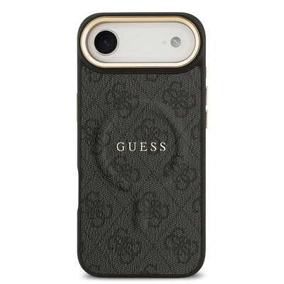 Apple iPhone 17 Air Kılıf Guess Orjinal Lisanslı M-safe Şarj Özellikli Gold Metal Kamera Çerçeveli PU Deri 4G Desenli Yazı Logolu Kapak Kahverengi
