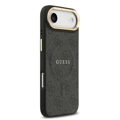 Apple iPhone 17 Air Kılıf Guess Orjinal Lisanslı M-safe Şarj Özellikli Gold Metal Kamera Çerçeveli PU Deri 4G Desenli Yazı Logolu Kapak Kahverengi