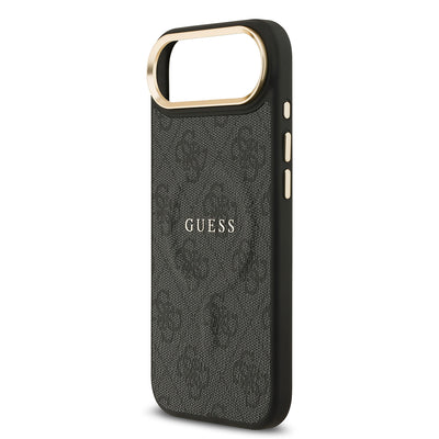 Apple iPhone 17 Air Kılıf Guess Orjinal Lisanslı M-safe Şarj Özellikli Gold Metal Kamera Çerçeveli PU Deri 4G Desenli Yazı Logolu Kapak Siyah