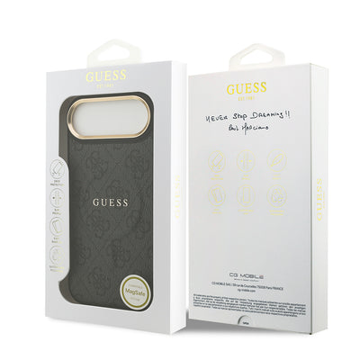Apple iPhone 17 Air Kılıf Guess Orjinal Lisanslı M-safe Şarj Özellikli Gold Metal Kamera Çerçeveli PU Deri 4G Desenli Yazı Logolu Kapak Siyah
