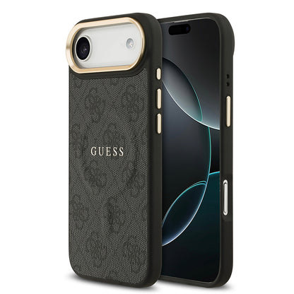 iPhone 17 Air Kılıf Guess Orjinal Lisanslı M-safe Şarj Özellikli Gold Metal Kamera Çerçeveli PU Deri 4G Desenli Yazı Logolu Kılıf