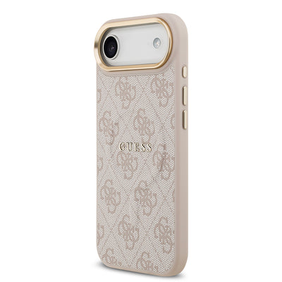 Apple iPhone 17 Air Kılıf Guess Orjinal Lisanslı M-safe Şarj Özellikli Gold Metal Kamera Çerçeveli PU Deri 4G Desenli Yazı Logolu Kapak Siyah