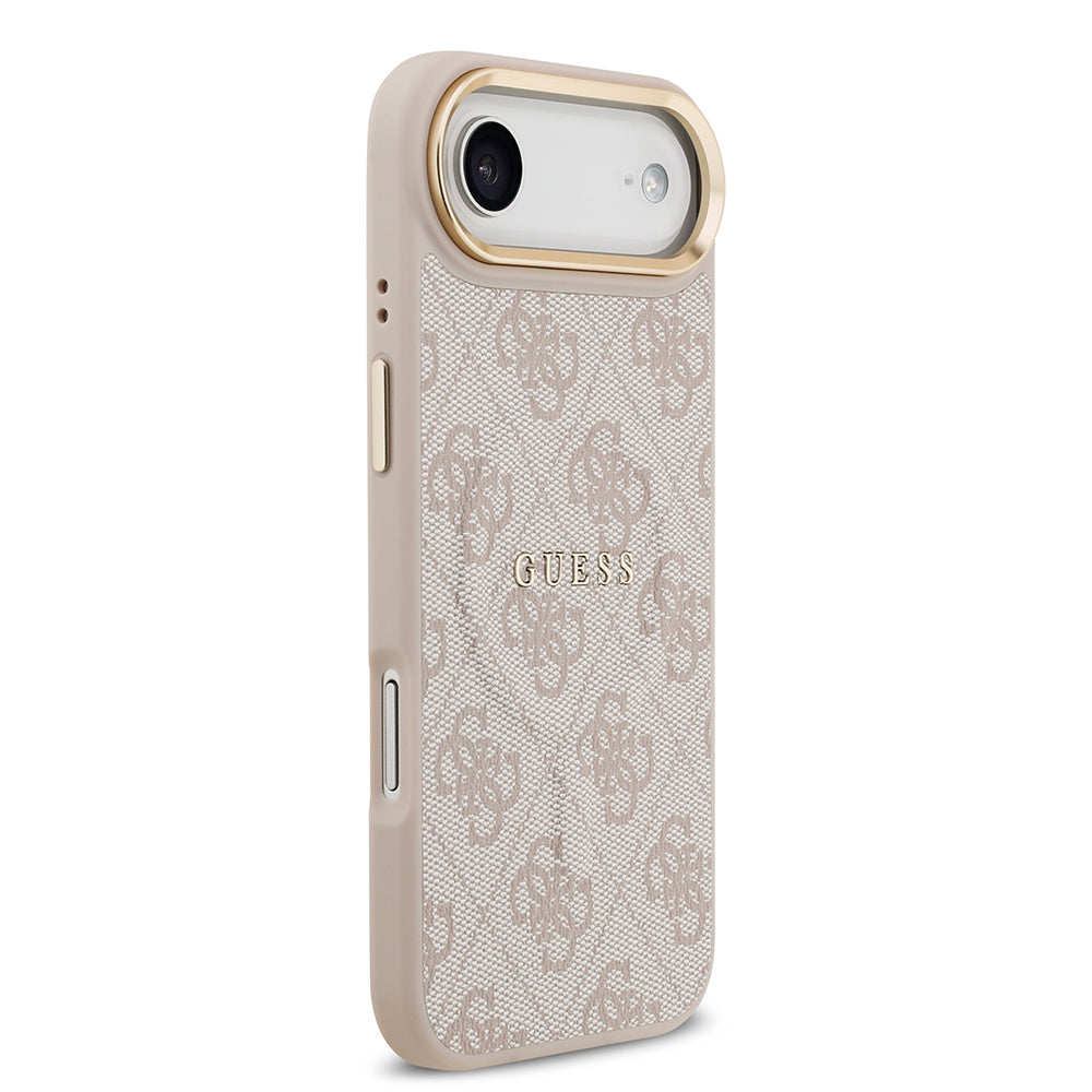 iPhone 17 Air Kılıf Guess Orjinal Lisanslı M-safe Şarj Özellikli Gold Metal Kamera Çerçeveli PU Deri 4G Desenli Yazı Logolu Kılıf