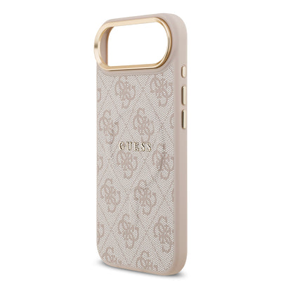 Apple iPhone 17 Air Kılıf Guess Orjinal Lisanslı M-safe Şarj Özellikli Gold Metal Kamera Çerçeveli PU Deri 4G Desenli Yazı Logolu Kapak Kahverengi