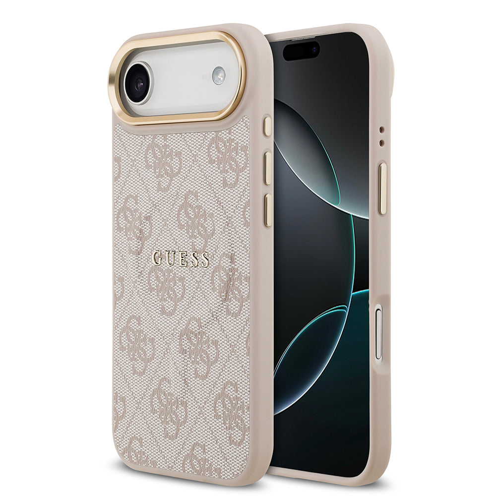 iPhone 17 Air Kılıf Guess Orjinal Lisanslı M-safe Şarj Özellikli Gold Metal Kamera Çerçeveli PU Deri 4G Desenli Yazı Logolu Kılıf