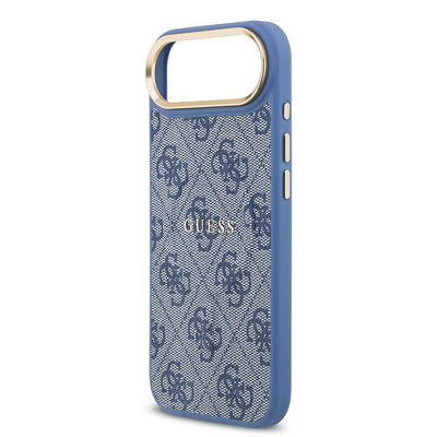 Apple iPhone 17 Air Kılıf Guess Orjinal Lisanslı M-safe Şarj Özellikli Gold Metal Kamera Çerçeveli PU Deri 4G Desenli Yazı Logolu Kapak Mavi