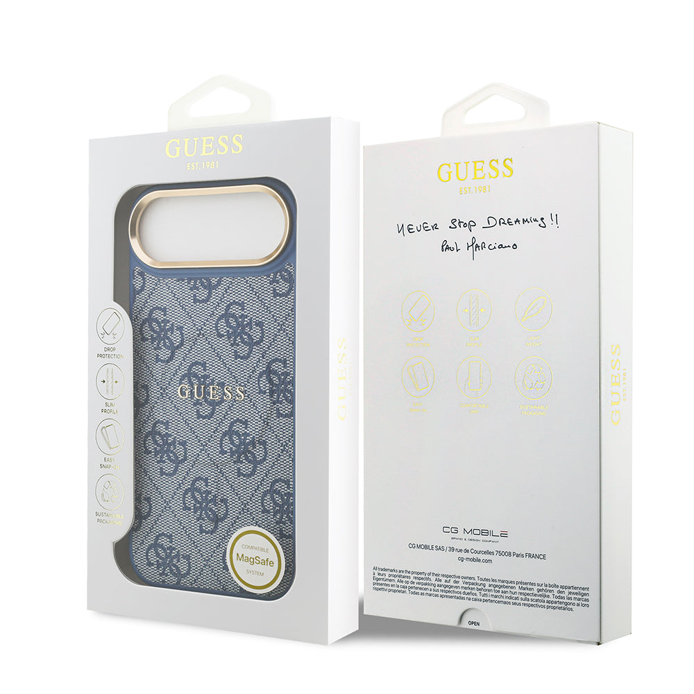 iPhone 17 Air Kılıf Guess Orjinal Lisanslı M-safe Şarj Özellikli Gold Metal Kamera Çerçeveli PU Deri 4G Desenli Yazı Logolu Kılıf