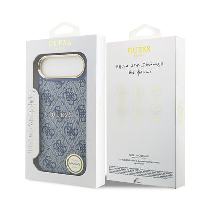 Apple iPhone 17 Air Kılıf Guess Orjinal Lisanslı M-safe Şarj Özellikli Gold Metal Kamera Çerçeveli PU Deri 4G Desenli Yazı Logolu Kapak Mavi