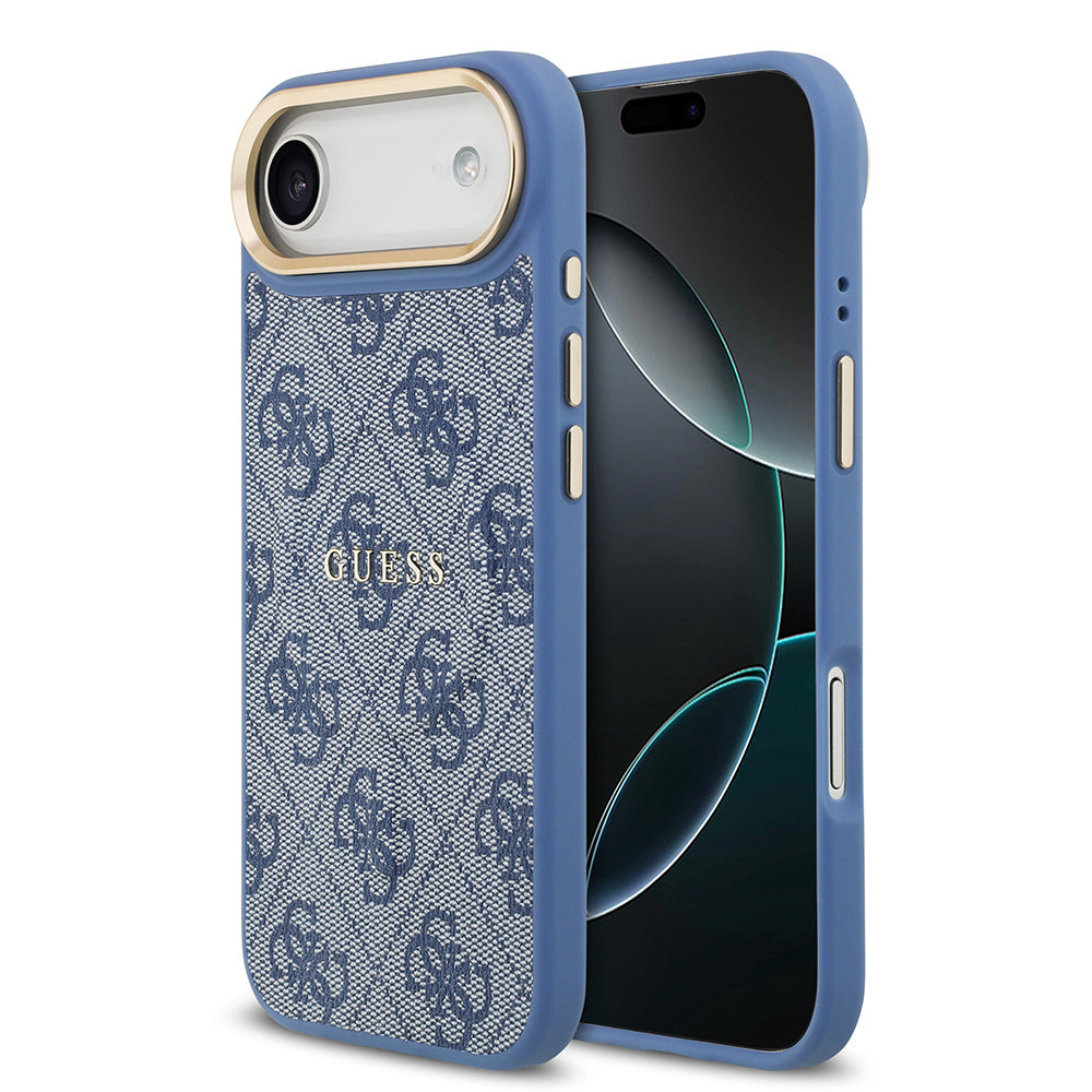 iPhone 17 Air Kılıf Guess Orjinal Lisanslı M-safe Şarj Özellikli Gold Metal Kamera Çerçeveli PU Deri 4G Desenli Yazı Logolu Kılıf