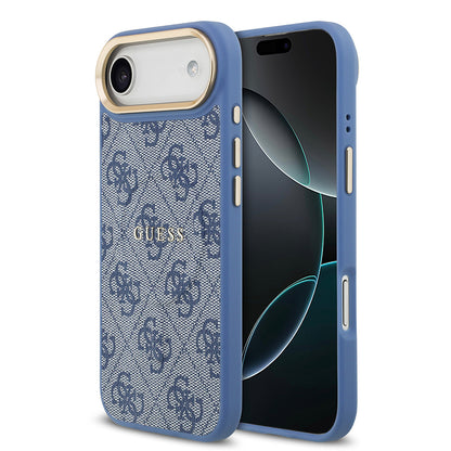 iPhone 17 Air Kılıf Guess Orjinal Lisanslı M-safe Şarj Özellikli Gold Metal Kamera Çerçeveli PU Deri 4G Desenli Yazı Logolu Kılıf