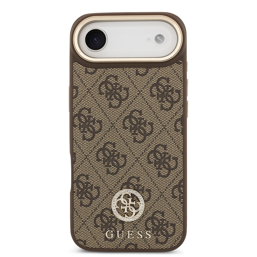 iPhone 17 Air Kılıf Guess Orjinal Lisanslı M-safe Şarj Özellikli Gold Metal Kamera Çerçeveli Taşlı 4G Logolu Kılıf