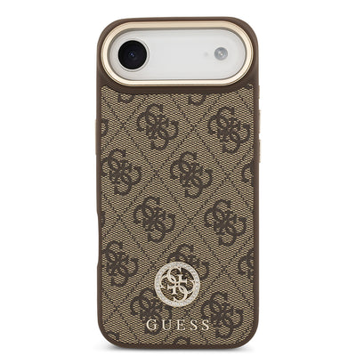 Apple iPhone 17 Air Kılıf Guess Orjinal Lisanslı M-safe Şarj Özellikli Gold Metal Kamera Çerçeveli Taşlı 4G Logolu Kapak Kahverengi