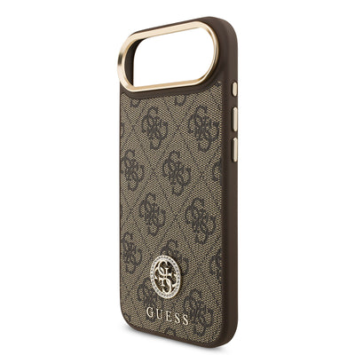 Apple iPhone 17 Air Kılıf Guess Orjinal Lisanslı M-safe Şarj Özellikli Gold Metal Kamera Çerçeveli Taşlı 4G Logolu Kapak Kahverengi