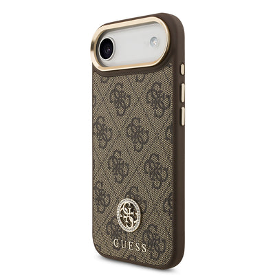 Apple iPhone 17 Air Kılıf Guess Orjinal Lisanslı M-safe Şarj Özellikli Gold Metal Kamera Çerçeveli Taşlı 4G Logolu Kapak Kahverengi