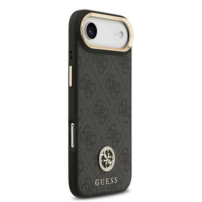 Apple iPhone 17 Air Kılıf Guess Orjinal Lisanslı M-safe Şarj Özellikli Gold Metal Kamera Çerçeveli Taşlı 4G Logolu Kapak Kahverengi