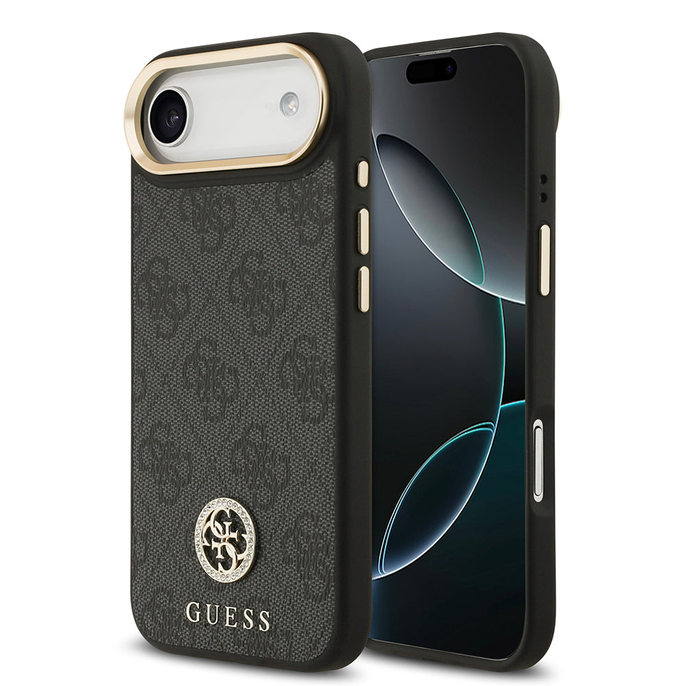 iPhone 17 Air Kılıf Guess Orjinal Lisanslı M-safe Şarj Özellikli Gold Metal Kamera Çerçeveli Taşlı 4G Logolu Kılıf
