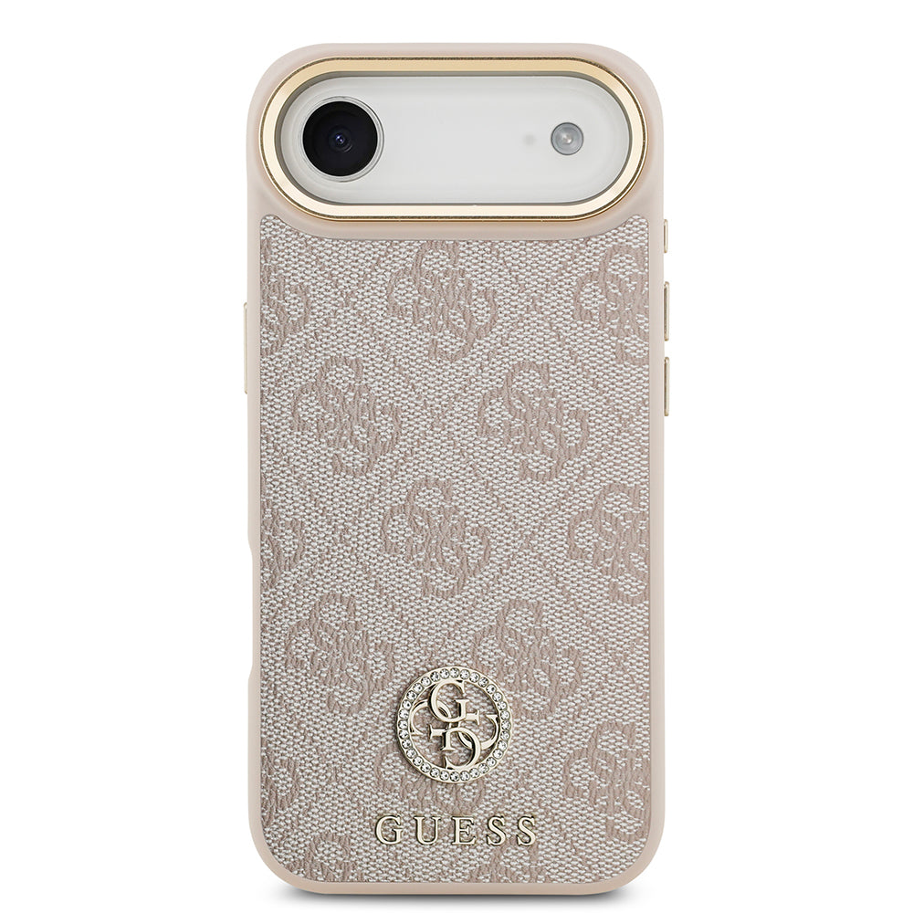iPhone 17 Air Kılıf Guess Orjinal Lisanslı M-safe Şarj Özellikli Gold Metal Kamera Çerçeveli Taşlı 4G Logolu Kılıf
