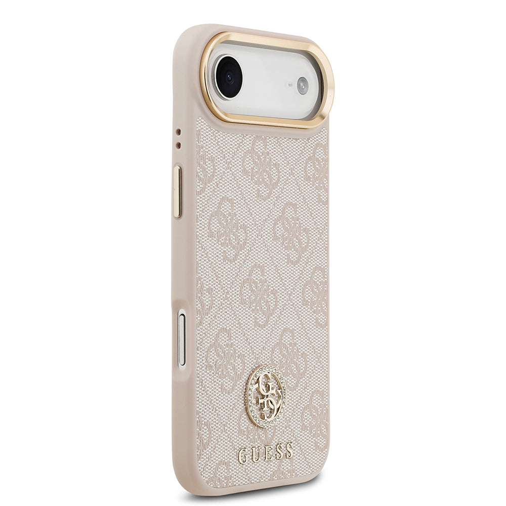 iPhone 17 Air Kılıf Guess Orjinal Lisanslı M-safe Şarj Özellikli Gold Metal Kamera Çerçeveli Taşlı 4G Logolu Kılıf