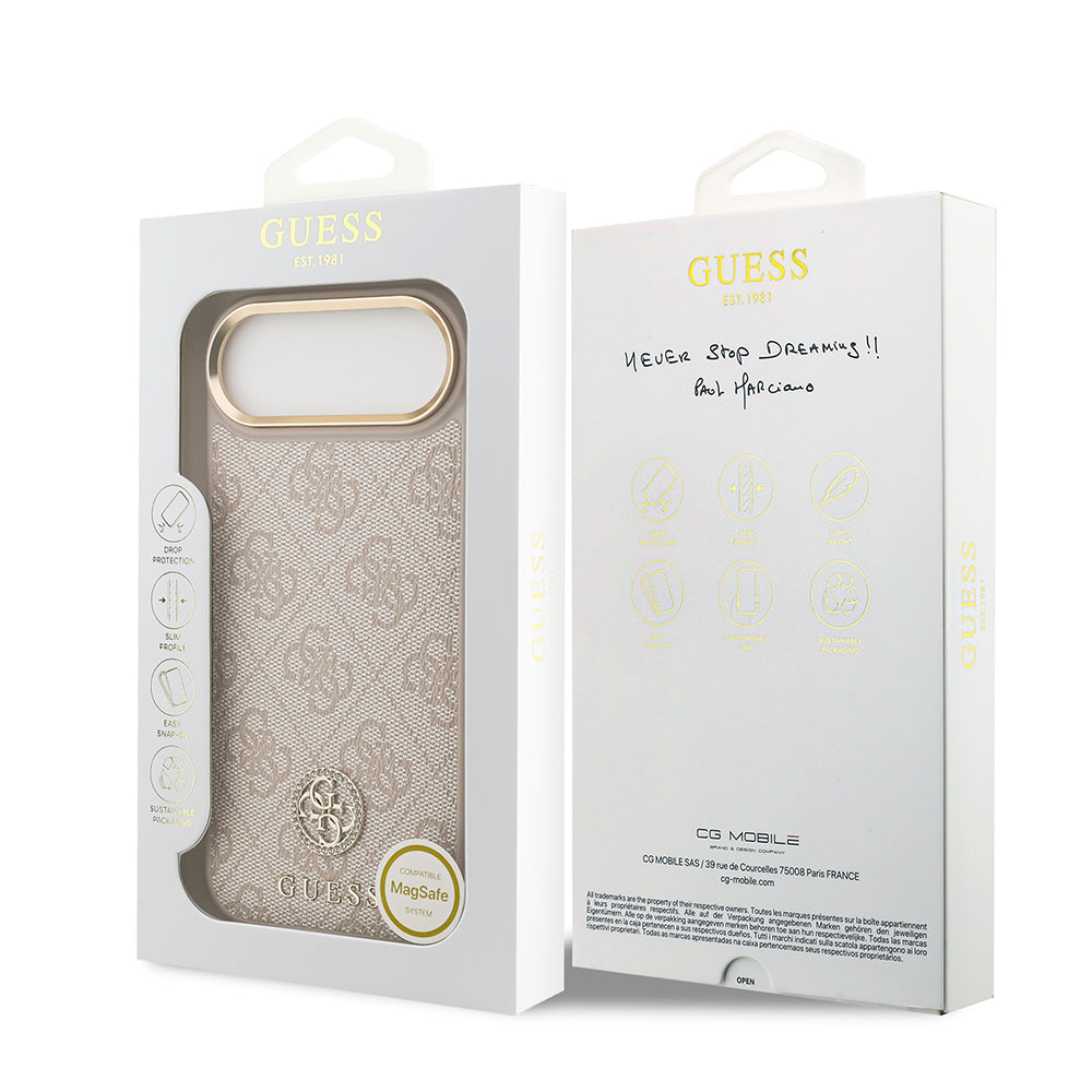 iPhone 17 Air Kılıf Guess Orjinal Lisanslı M-safe Şarj Özellikli Gold Metal Kamera Çerçeveli Taşlı 4G Logolu Kılıf