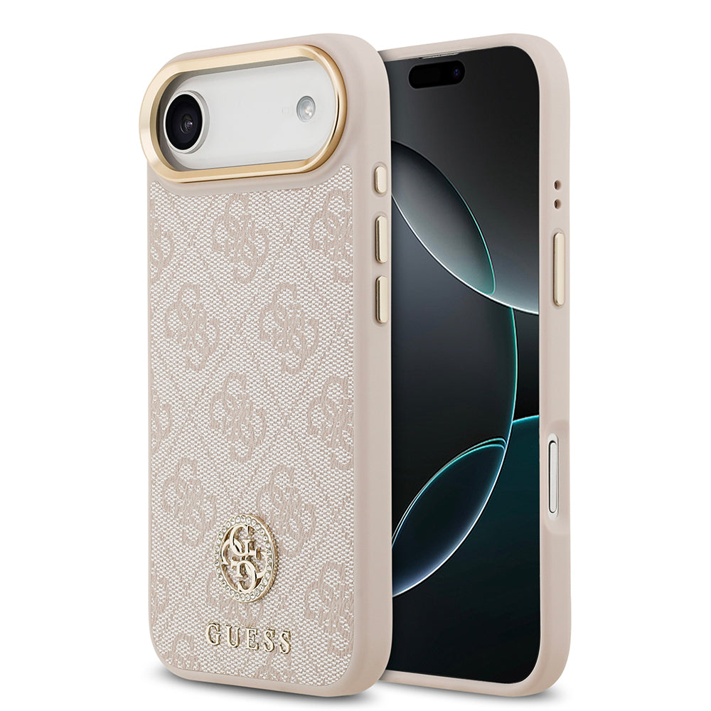 iPhone 17 Air Kılıf Guess Orjinal Lisanslı M-safe Şarj Özellikli Gold Metal Kamera Çerçeveli Taşlı 4G Logolu Kılıf