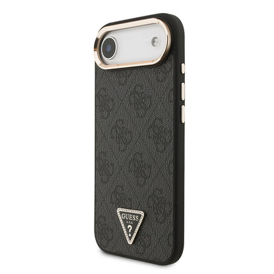 Apple iPhone 17 Air Kılıf Guess Orjinal Lisanslı M-safe Şarj Özellikli Gold Metal Kamera Çerçeveli Taşlı Üçgen Logo 4G Desenli Kapak Siyah