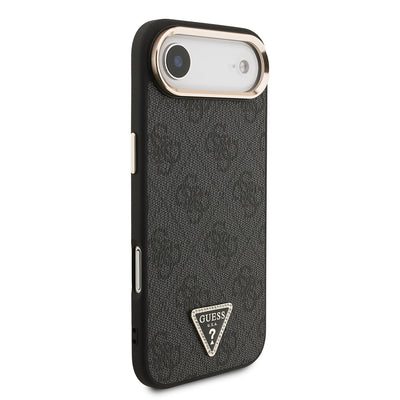 Apple iPhone 17 Air Kılıf Guess Orjinal Lisanslı M-safe Şarj Özellikli Gold Metal Kamera Çerçeveli Taşlı Üçgen Logo 4G Desenli Kapak Siyah