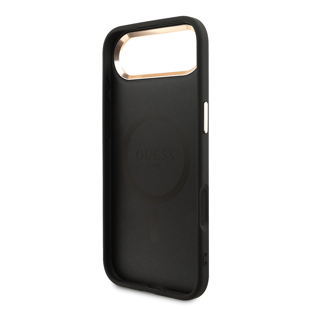 iPhone 17 Air Kılıf Guess Orjinal Lisanslı M-safe Şarj Özellikli Gold Metal Kamera Çerçeveli Taşlı Üçgen Logo 4G Desenli Kılıf