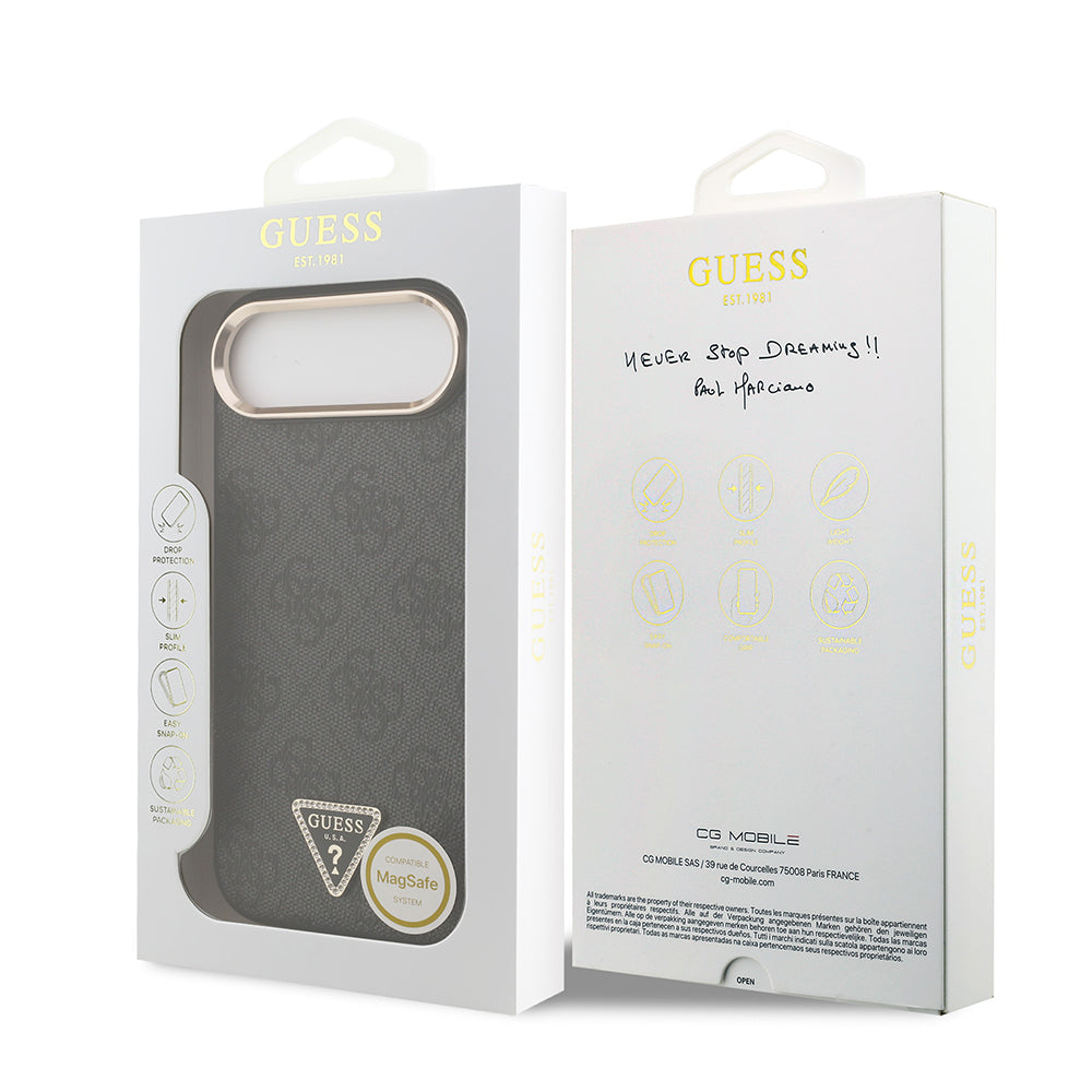 iPhone 17 Air Kılıf Guess Orjinal Lisanslı M-safe Şarj Özellikli Gold Metal Kamera Çerçeveli Taşlı Üçgen Logo 4G Desenli Kılıf