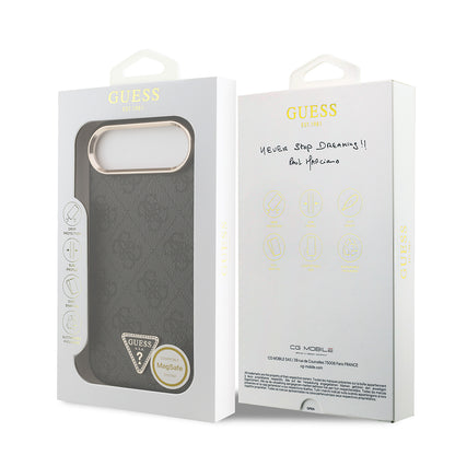 iPhone 17 Air Kılıf Guess Orjinal Lisanslı M-safe Şarj Özellikli Gold Metal Kamera Çerçeveli Taşlı Üçgen Logo 4G Desenli Kılıf