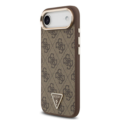 Apple iPhone 17 Air Kılıf Guess Orjinal Lisanslı M-safe Şarj Özellikli Gold Metal Kamera Çerçeveli Taşlı Üçgen Logo 4G Desenli Kapak Siyah