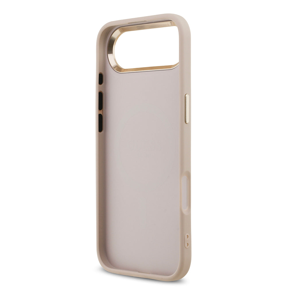 iPhone 17 Air Kılıf Guess Orjinal Lisanslı M-safe Şarj Özellikli Gold Metal Kamera Çerçeveli Taşlı Üçgen Logo 4G Desenli Kılıf