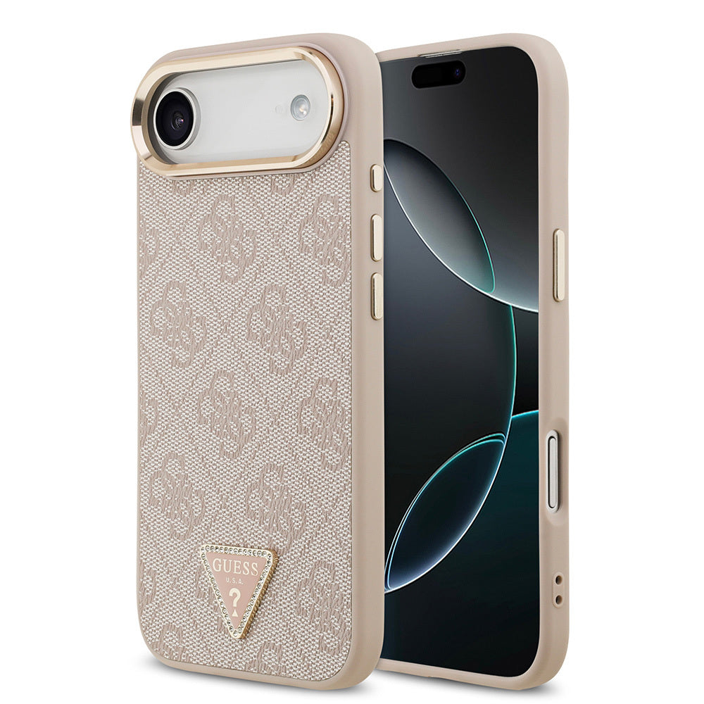 iPhone 17 Air Kılıf Guess Orjinal Lisanslı M-safe Şarj Özellikli Gold Metal Kamera Çerçeveli Taşlı Üçgen Logo 4G Desenli Kılıf