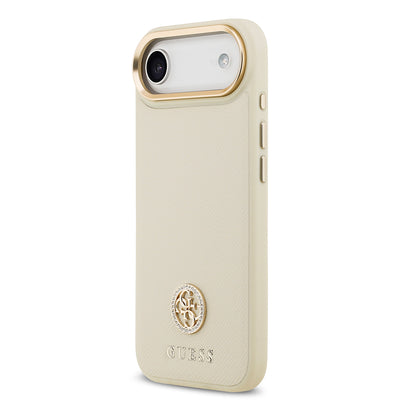 Apple iPhone 17 Air Kılıf Guess Orjinal Lisanslı M-safe Şarj Özellikli Grained Yazı ve Taşlı 4G Logolu Kapak Siyah