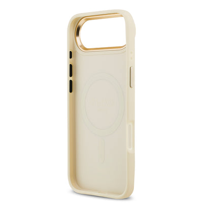 Apple iPhone 17 Air Kılıf Guess Orjinal Lisanslı M-safe Şarj Özellikli Grained Yazı ve Taşlı 4G Logolu Kapak Bej