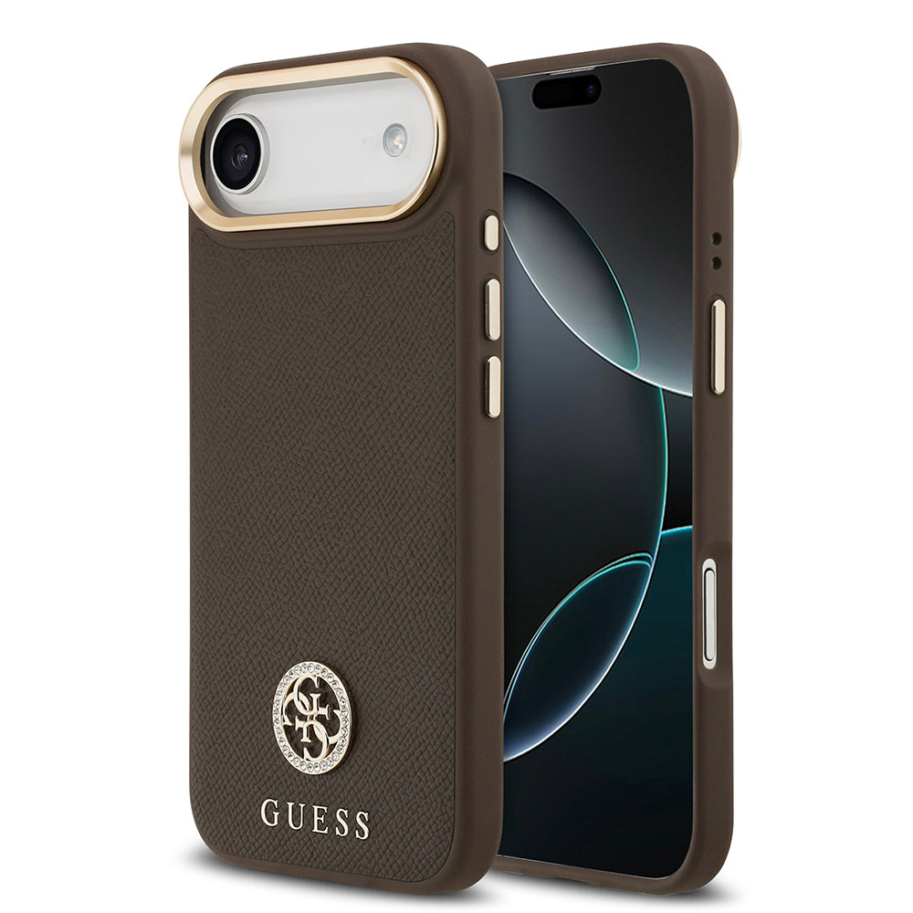 iPhone 17 Air Kılıf Guess Orjinal Lisanslı M-safe Şarj Özellikli Grained Yazı ve Taşlı 4G Logolu Kılıf