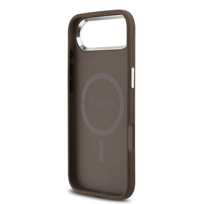iPhone 17 Air Kılıf Guess Orjinal Lisanslı M-safe Şarj Özellikli Gümüş Metal Kamera Çerçeveli Üçgen Logo 4G Desenli Kılıf