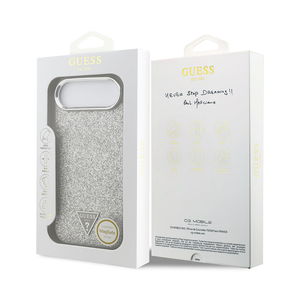 iPhone 17 Air Kılıf Guess Orjinal Lisanslı M-safe Şarj Özellikli Metal Kamera Çerçeveli Üçgen Logolu Glitter Kılıf
