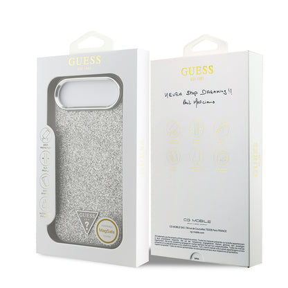 iPhone 17 Air Kılıf Guess Orjinal Lisanslı M-safe Şarj Özellikli Metal Kamera Çerçeveli Üçgen Logolu Glitter Kılıf