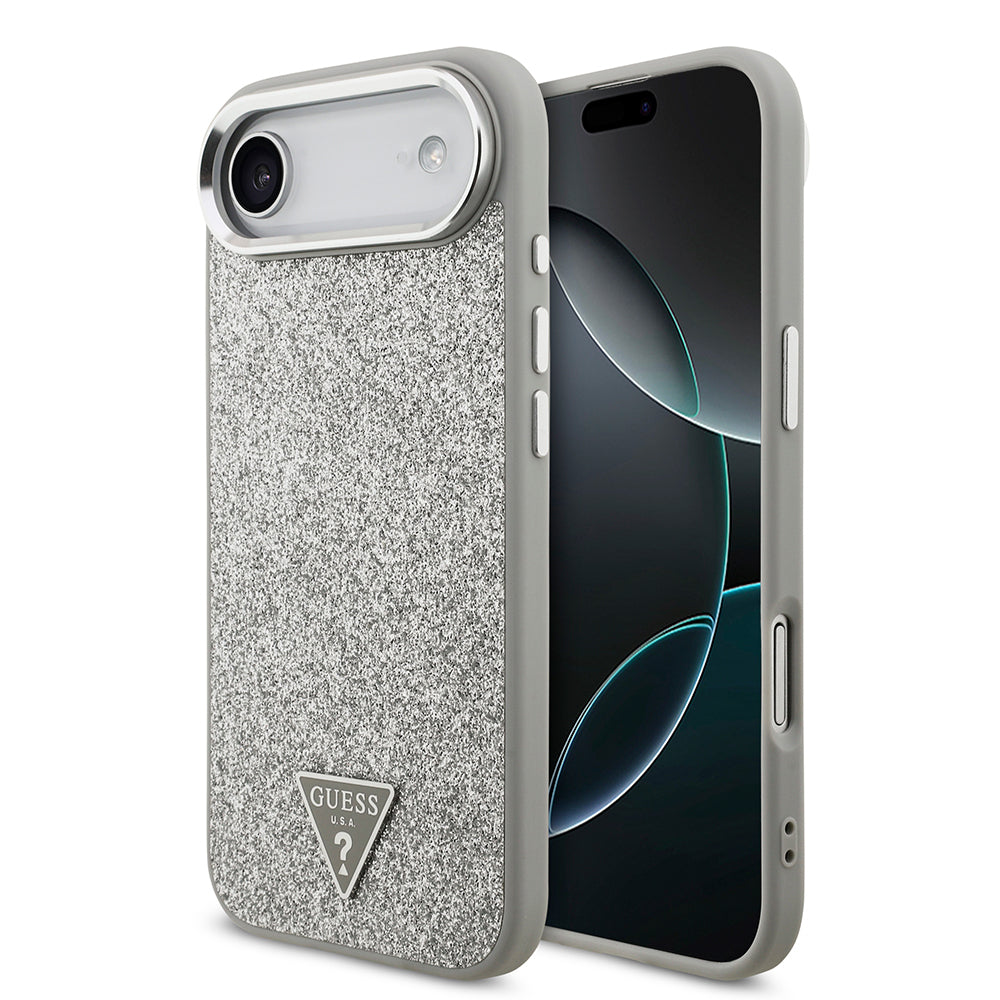 iPhone 17 Air Kılıf Guess Orjinal Lisanslı M-safe Şarj Özellikli Metal Kamera Çerçeveli Üçgen Logolu Glitter Kılıf
