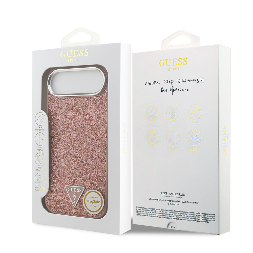 iPhone 17 Air Kılıf Guess Orjinal Lisanslı M-safe Şarj Özellikli Metal Kamera Çerçeveli Üçgen Logolu Glitter Kılıf