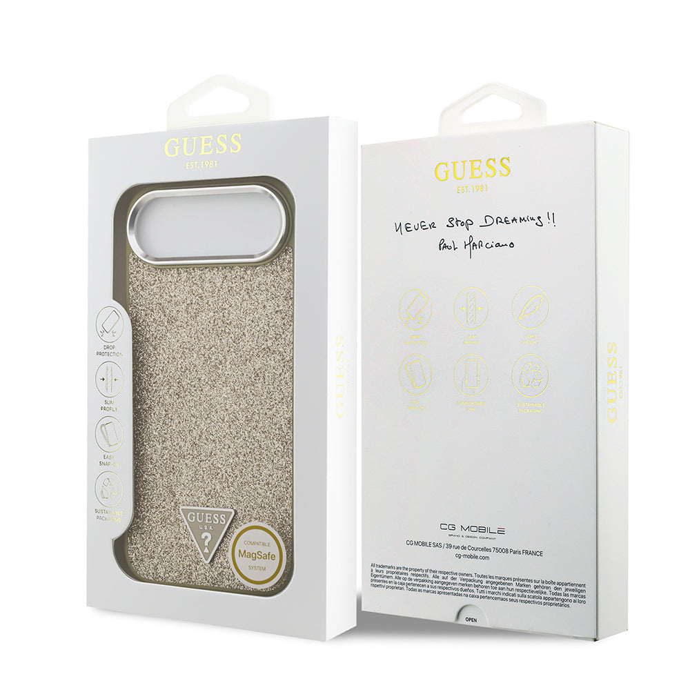 iPhone 17 Air Kılıf Guess Orjinal Lisanslı M-safe Şarj Özellikli Metal Kamera Çerçeveli Üçgen Logolu Glitter Kılıf