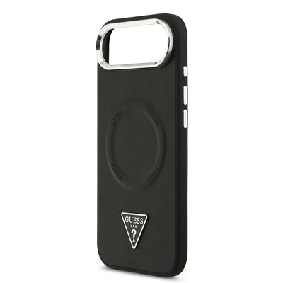 Apple iPhone 17 Air Kılıf Guess Orjinal Lisanslı M-safe Şarj Özellikli PU Deri Metal Kamera Çerçeveli Üçgen Logolu Kapak Siyah