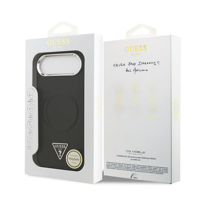 Apple iPhone 17 Air Kılıf Guess Orjinal Lisanslı M-safe Şarj Özellikli PU Deri Metal Kamera Çerçeveli Üçgen Logolu Kapak Siyah