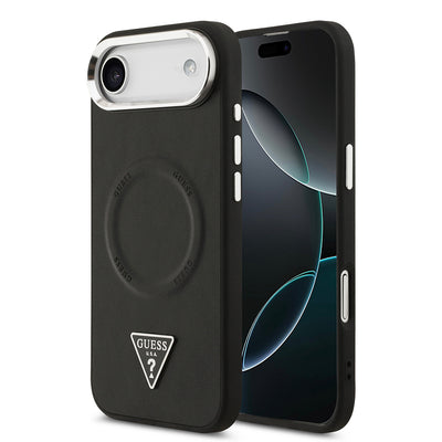 Apple iPhone 17 Air Kılıf Guess Orjinal Lisanslı M-safe Şarj Özellikli PU Deri Metal Kamera Çerçeveli Üçgen Logolu Kapak Siyah