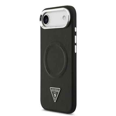 Apple iPhone 17 Air Kılıf Guess Orjinal Lisanslı M-safe Şarj Özellikli PU Deri Metal Kamera Çerçeveli Üçgen Logolu Kapak Siyah