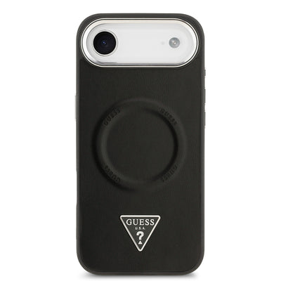 Apple iPhone 17 Air Kılıf Guess Orjinal Lisanslı M-safe Şarj Özellikli PU Deri Metal Kamera Çerçeveli Üçgen Logolu Kapak Siyah