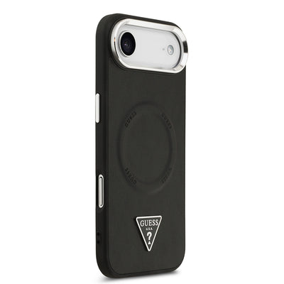 Apple iPhone 17 Air Kılıf Guess Orjinal Lisanslı M-safe Şarj Özellikli PU Deri Metal Kamera Çerçeveli Üçgen Logolu Kapak Siyah
