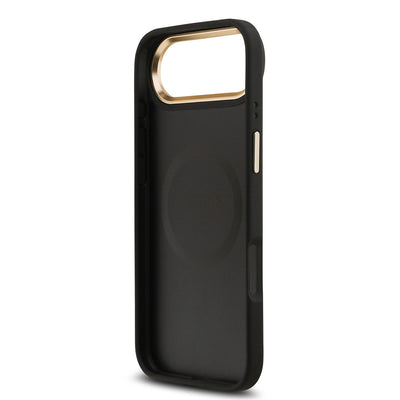 Apple iPhone 17 Air Kılıf Guess Orjinal Lisanslı M-safe Şarj Özellikli Sıcak Baskılı Yazı Logolu PU Deri Peony Kapak Siyah